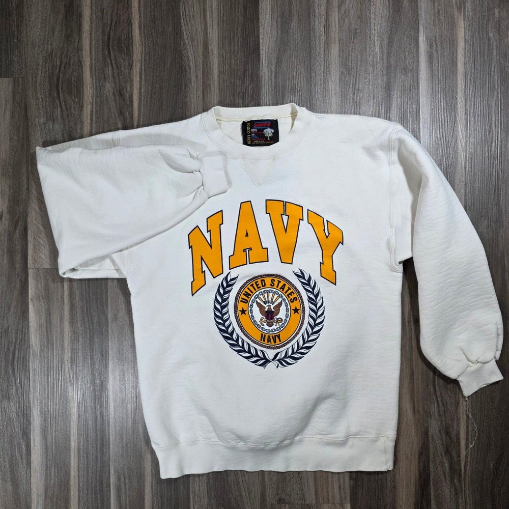 Vintage Soffe Navy Sweatshirt Mens Medium White US Navy Made in USA Heavy Cotton